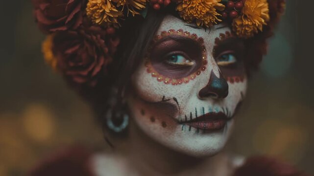 Caucasian woman with sugar skull makeup and floral crown for Day of the Dead celebration, festive calavera portrait footage.