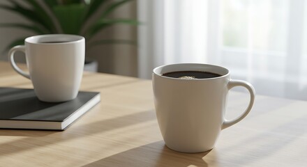 Fototapeta premium Two cups of coffee on a wooden table in a bright room