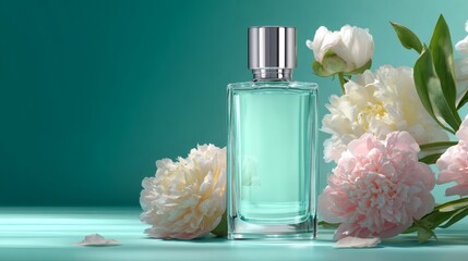 Perfume Bottle with Peonies on Teal Background, Luxury Floral Fragrance Product Shot with Copy Space
