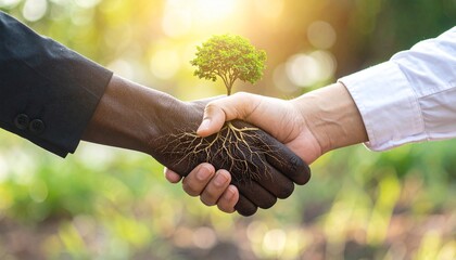 Diverse hands shaking with a tree growing, symbolizing environmental partnership, sustainable business, global unity, and ecological growth.