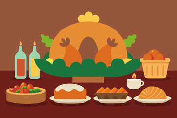 Festive thanksgiving dinner spread with roasted turkey and desserts