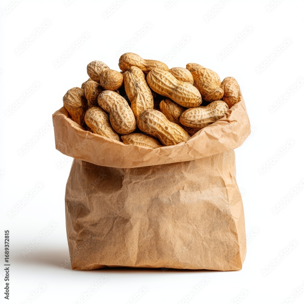 Poster a pile of peanuts spilling out of a brown paper bag, ready to be enjoyed. the peanuts are in their s