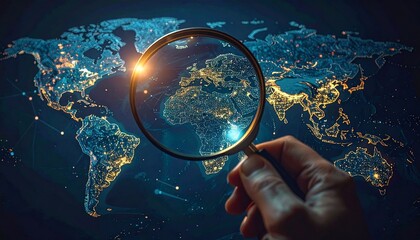 Global Data Search: Hand holding magnifying glass over glowing digital world map with illuminated connection points, business intelligence.