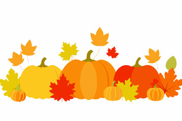 Autumn harvest pumpkins and colorful fall leaves border
