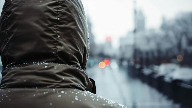 Rear view of a hooded person walking through light rain with snow against a blurred cityscape