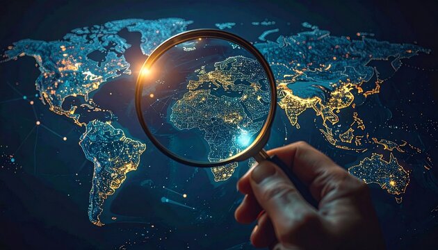 Global Data Search: Hand holding magnifying glass over glowing digital world map with illuminated connection points, business intelligence.