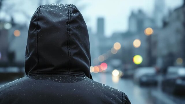 A hooded person pauses in light rain as snow mixes with raindrops on the jacket hood