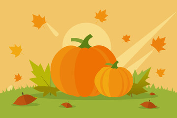 Autumn harvest pumpkins and falling leaves