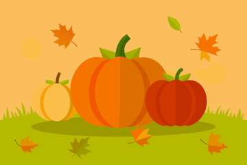 Autumn harvest pumpkins and falling leaves illustration