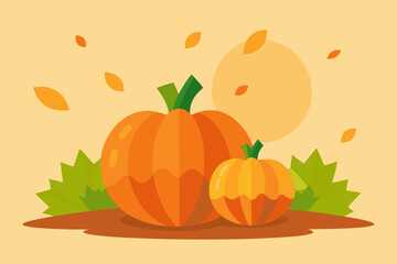 Naklejka premium Autumn harvest pumpkins with falling leaves and sun