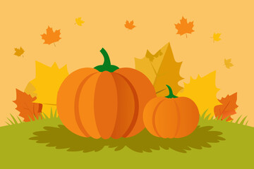 Autumn pumpkins and falling leaves illustration