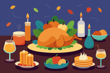 Cozy thanksgiving dinner table with roasted turkey and festive decorations