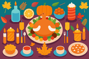 Festive thanksgiving dinner spread with roasted turkey and autumn decorations