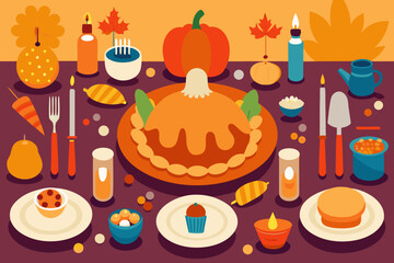 Festive thanksgiving dinner table setting with pumpkin pie and autumn decorations