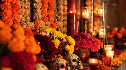Day of the Dead celebration with sugar skulls, marigold flowers, and candles honoring departed souls, a cultural footage.