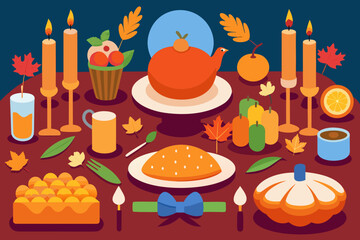 Cozy autumn harvest feast with candles and pumpkins