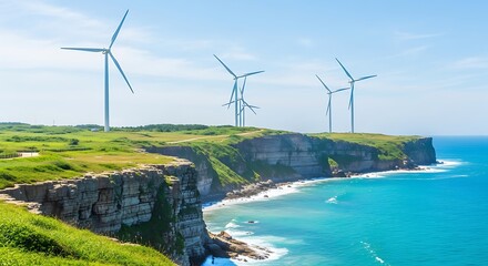 Wind turbines on a green cliff overlooking a vibrant blue ocean landscape