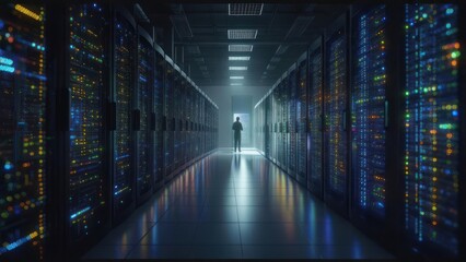 Lone Figure Silhouetted at the End of a Glowing, Symmetrical Data Center Aisle.
