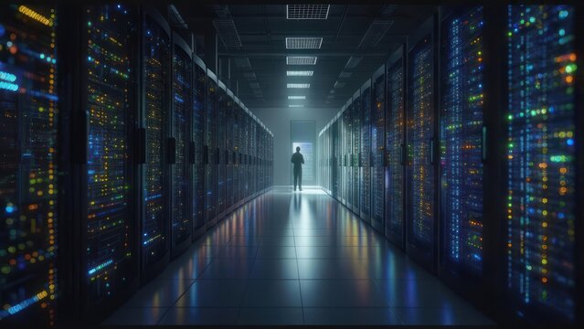 Lone Figure Silhouetted at the End of a Glowing, Symmetrical Data Center Aisle. - Powered by Adobe