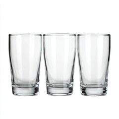 Three clean and empty glasses in a row, ready to be filled. The glasses are made of clear, transparent material