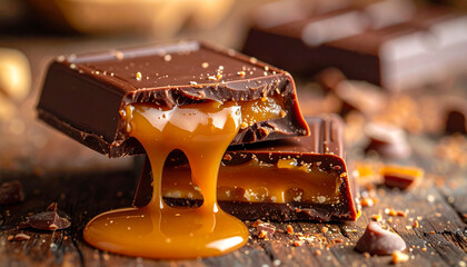 A delectable close-up of a gourmet chocolate bar broken to reveal a rich, gooey caramel filling dripping onto a rustic wooden surface, a concept of pure indulgence