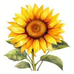 Obraz premium A single sunflower with bright yellow petals, brown center, and green leaves is depicted in a watercolor painting style against a white background.