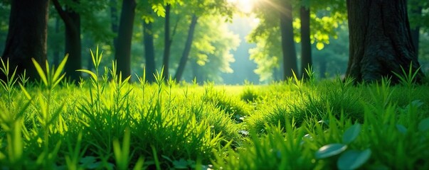 Lush green forest floor covered in thick, vibrant grass, sunlight dappling through leaves A tranquil, natural scene perfect for nature documentaries or environmental projects , pattern, rich