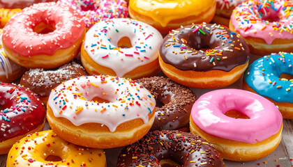 Indulgent assortment of freshly baked donuts, featuring vibrant glazes and colorful sprinkles, creating a delicious sweet food background