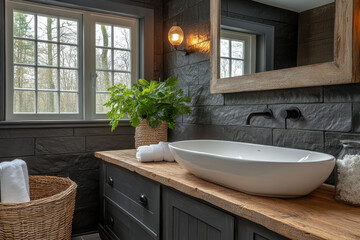 A sink with a sunlight-drenched window in a bathroom.