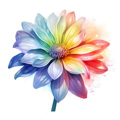 Obraz premium A digitally painted illustration shows a single flower with petals in a rainbow of colors, set against a white background with watercolor-style splashes.