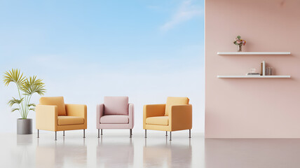 Modern Pastel Living Room: A modern living room presents with three pastel-colored armchairs under a bright blue sky, along with decorative elements arranged on shelves to enhance interior design