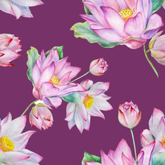 seamless pattern with pink lotus on violet watercolor illustration 