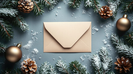 Christmas greeting card mockup featuring golden decorations, fir branches, pine cones, bokeh lights surrounding empty space, creating festive elegant holiday scene