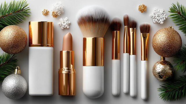 Golden cosmetic tools, glittering makeup brushes, and pine branches arranged flatly against white surface, representing elegant holiday beauty styling