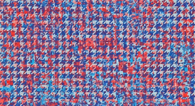 A colorful abstract houndstooth pattern with red blue and white repeating across the entire image plane