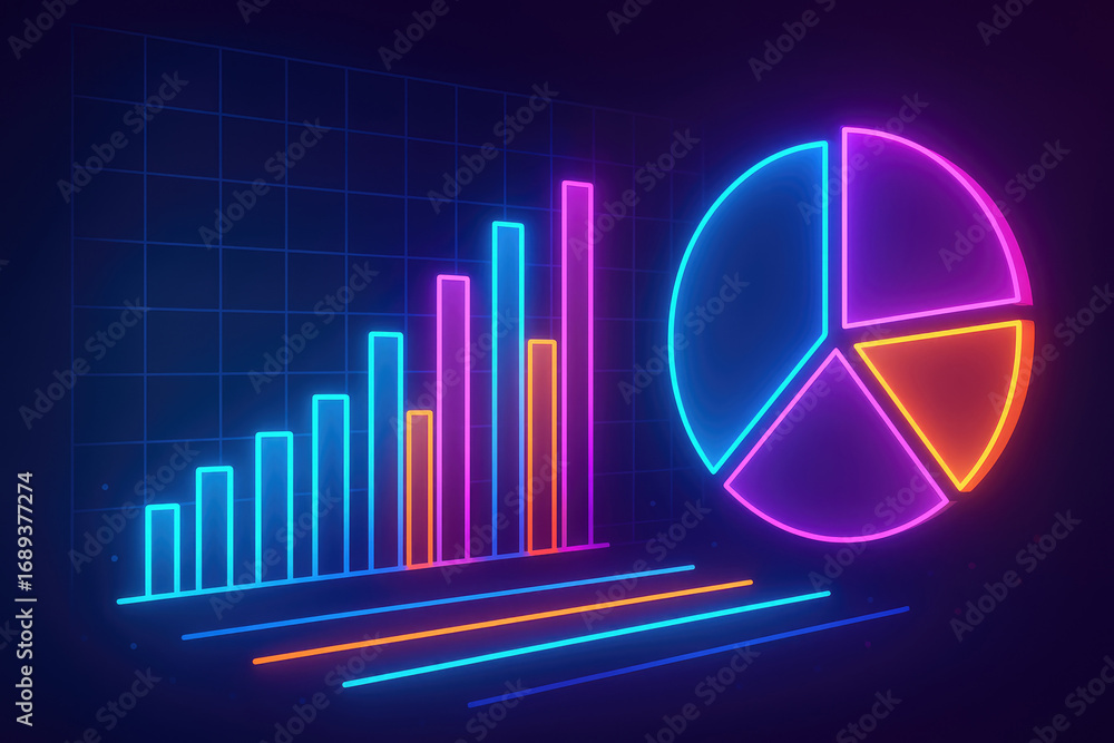 Poster neon glowing bar and pie charts with data lines on dark grid graph statistics