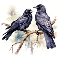 Fototapeta premium Two detailed black ravens are perched on a tree branch, set against a soft watercolor wash background of muted greens and yellows.