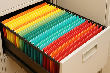 Open Filing Cabinet Drawer Filled With Colorful Hanging Folders office supplies