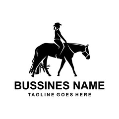 Silhouette logo of a woman on a horse with the text BUSSINESS NAME and TAGLINE GOES HERE