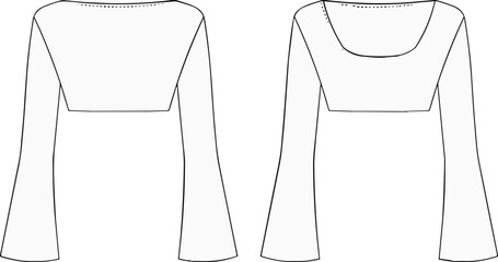 Beautiful Women's flared sleeve crop top fashion flat sketch, front and back view technical drawing, long bell sleeve blouse design vector template