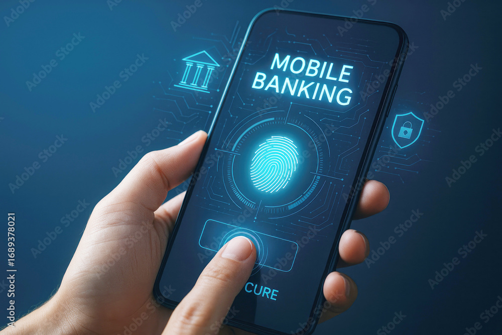 Poster person using smartphone for mobile banking with fingerprint authentication and security icons techno