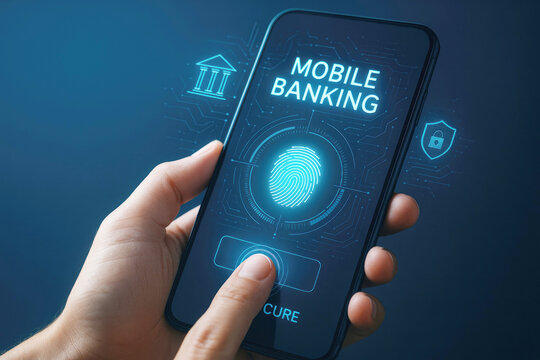 Person using smartphone for mobile banking with fingerprint authentication and security icons technology - Powered by Adobe
