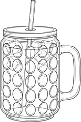 Mason jar with straw, empty glass, kitchen drinkware, textured surface, lid and handle, line drawing, household item, beverage container
