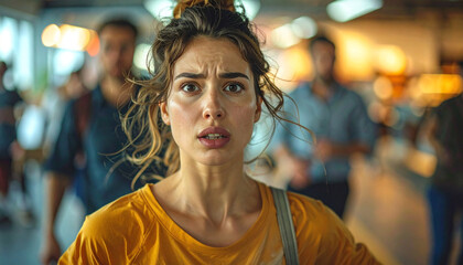 Obraz premium Worried woman caught in bustling crowd, Unsettled woman amidst blurred figures expresses concern
