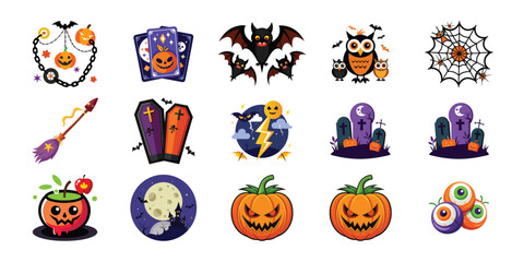 Collection of Halloween themed vector illustrations featuring pumpkins bats owls and other spooky elements