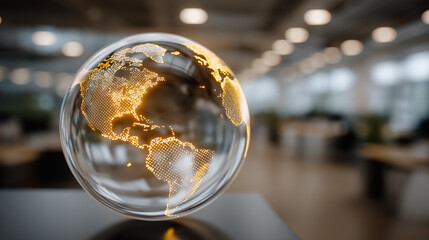 World in Perspective: A shimmering glass sphere, delicately crafted, encapsulates a glowing representation of Earth, highlighting its intricate details and continents.