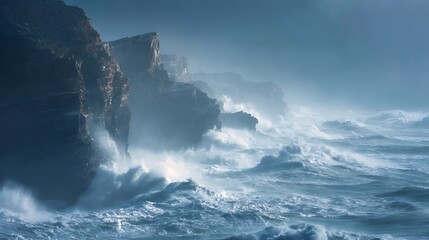 Massive Ocean Wave Crashing On Cliff illustration images