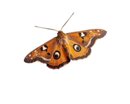 Striking emperor moth with intricate wing patterns isolated against a clean setting