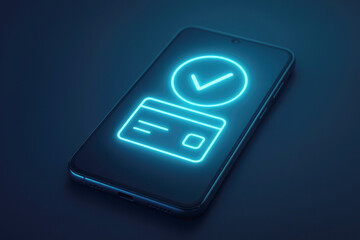 Smartphone displaying neon blue credit card and checkmark icon for secure payment mobile phone transaction