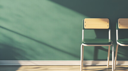 Two green chairs against a teal wall with sunlight casting shadows